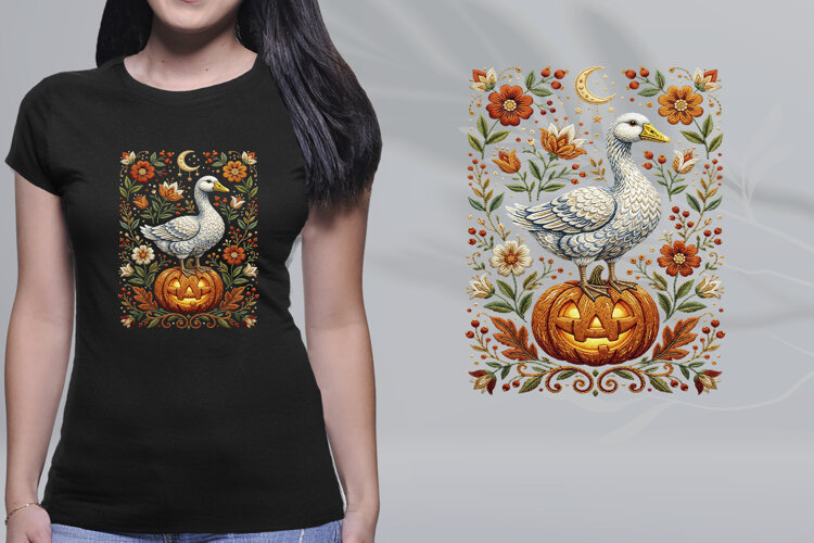 Embroidered Goose Pumpkin Folk Art Halloween PNG example image 1