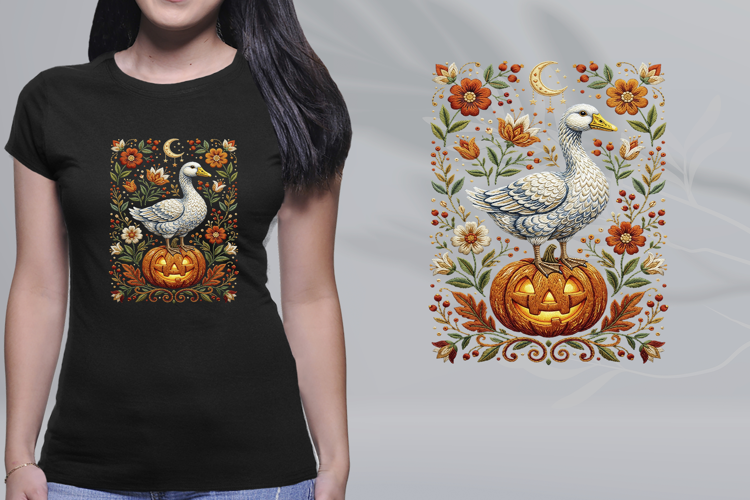 Embroidered Goose Pumpkin Folk Art Halloween PNG