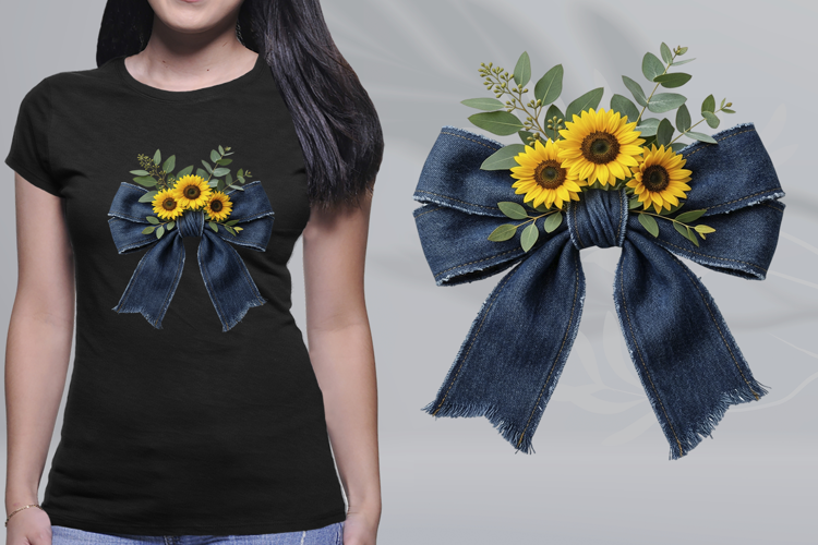 Sunflower Denim Ribbon Bow Country Coquette PNG