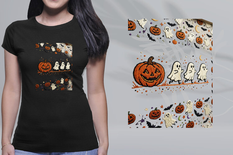 Embroidered Halloween Pumpkin Ghosts Seamless PNG example image 1