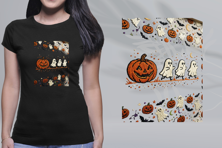 Embroidered Halloween Pumpkin Ghosts Seamless PNG