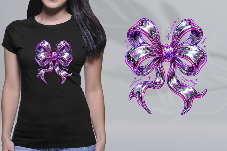 Y2K Liquid Chrome Bow Cyber Pink Metallic PNG