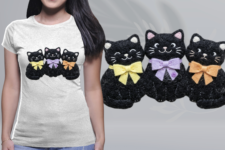 Embroidered Black Cats Pastel Bows Halloween PNG