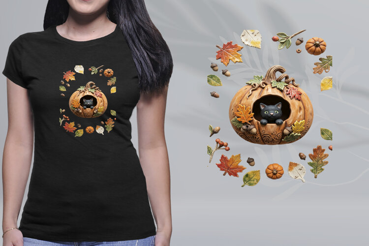 Clay Black Cat Pumpkin Autumn Leaves Graphic PNG example image 1