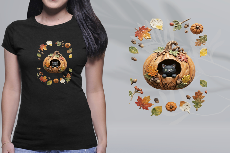 Clay Black Cat Pumpkin Autumn Leaves Graphic PNG