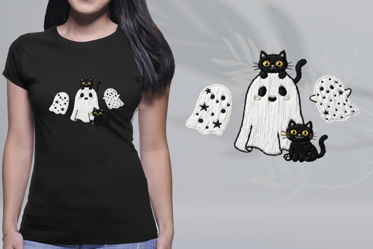 Cute Embroidered Ghost Black Cat Halloween Shirt PNG example image 1