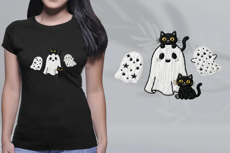 Cute Embroidered Ghost Black Cat Halloween Shirt PNG