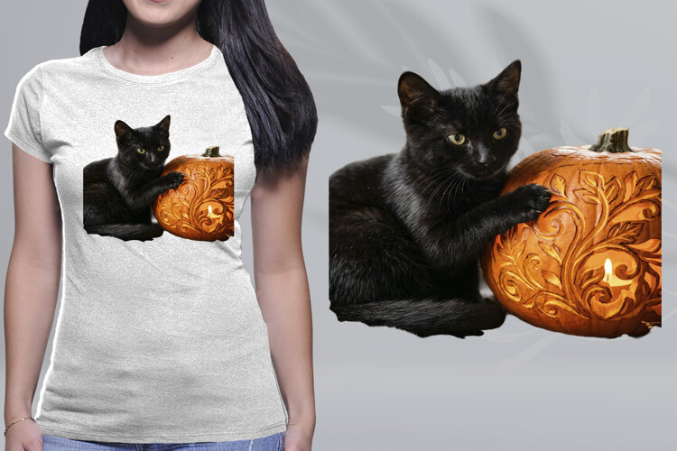 Black Cat Floral Carved Pumpkin Halloween PNG example image 1
