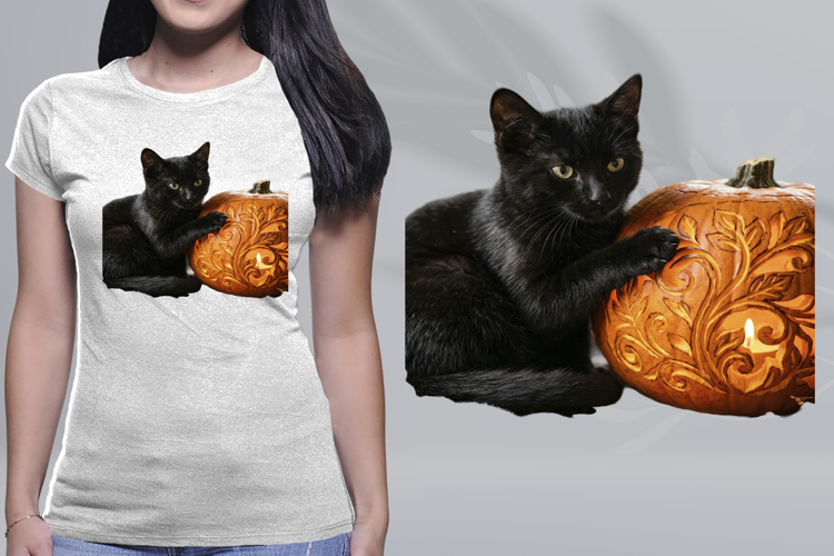 Black Cat Floral Carved Pumpkin Halloween PNG