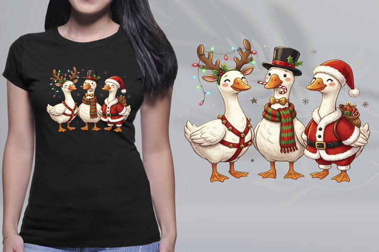 Cute Christmas Geese Trio Reindeer Santa Candy Cane PNG example image 1