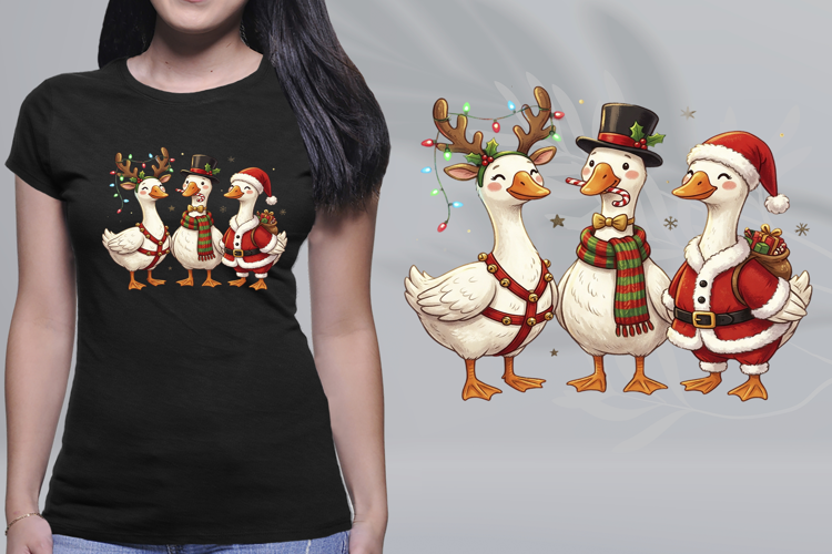 Cute Christmas Geese Trio Reindeer Santa Candy Cane PNG