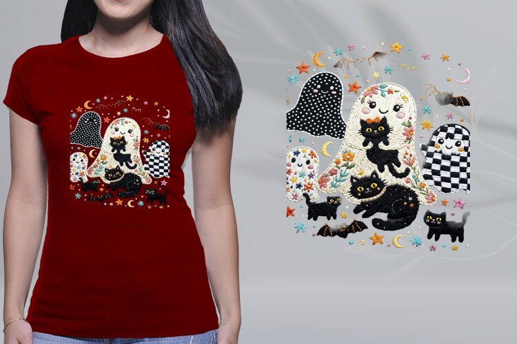 Cute Embroidered Ghost Black Cat Halloween Shirt PNG example image 1
