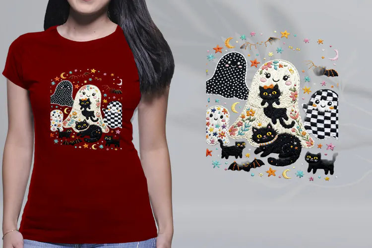 Cute Embroidered Ghost Black Cat Halloween Shirt PNG