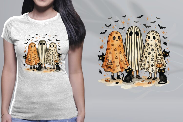 Cute Ghost Black Cat Halloween Shirt PNG Sublimation example image 1