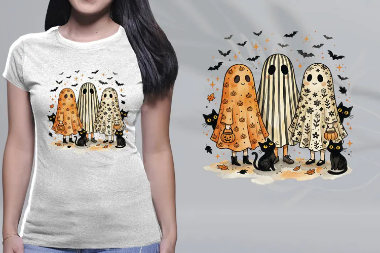Cute Ghost Black Cat Halloween Shirt PNG Sublimation