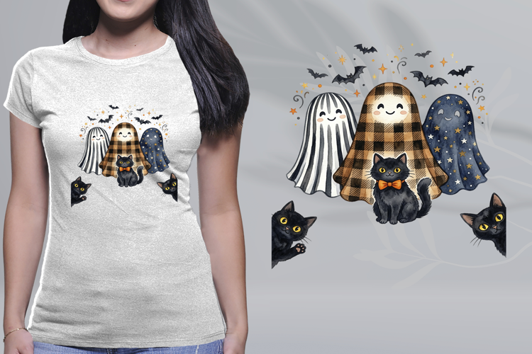 Watercolor Halloween Ghosts Buffalo Plaid Black Cat PNG