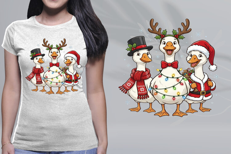 Christmas Geese Trio Lights Top Hat Santa PNG example image 1