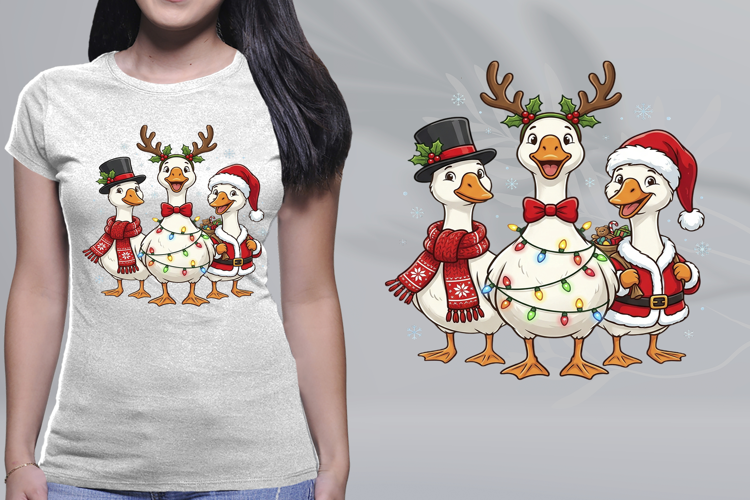 Christmas Geese Trio Lights Top Hat Santa PNG