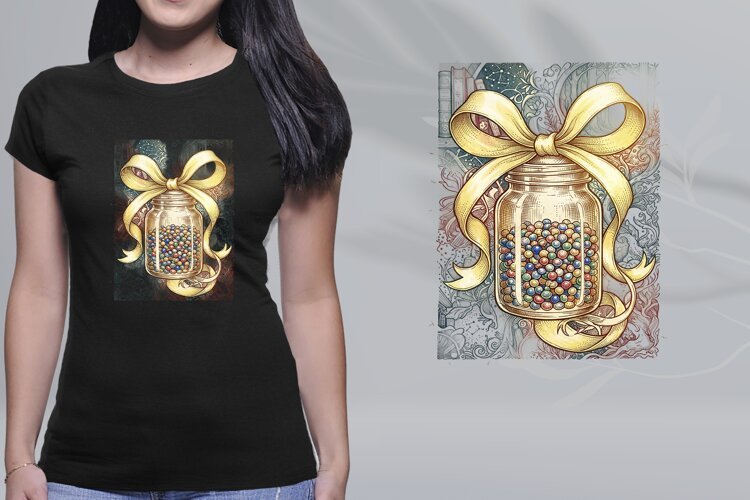 Vintage Engraved Candy Mason Jar Yellow Bow PNG Sublimation example image 1