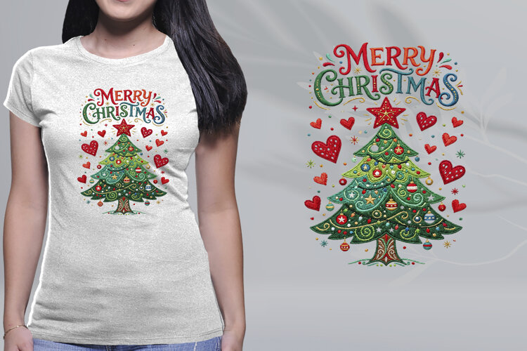 Embroidered Merry Christmas Tree Hearts Sublimation PNG example image 1