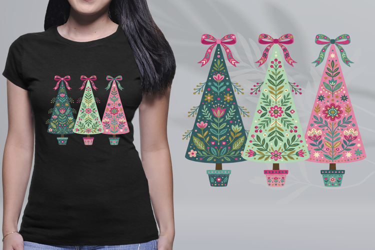 Folk Art Christmas Trees Trio Pastel Coquette Bows PNG