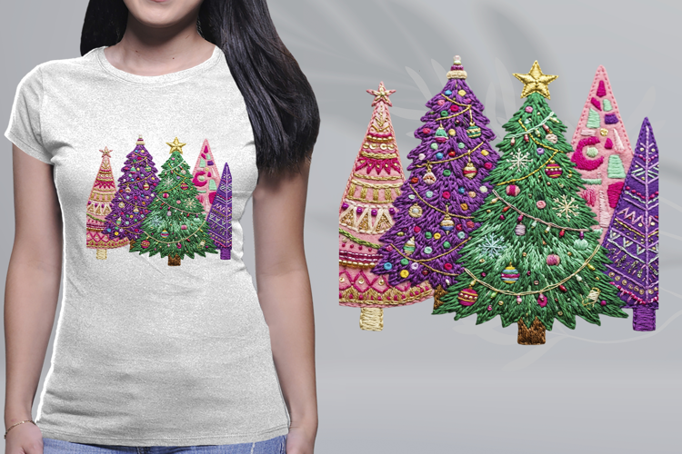 Embroidered Christmas Trees Clipart Pink Purple PNG