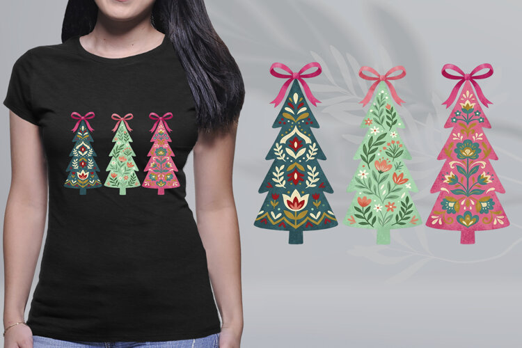 Folk Art Christmas Trees Trio Coquette Pink Bows PNG example image 1