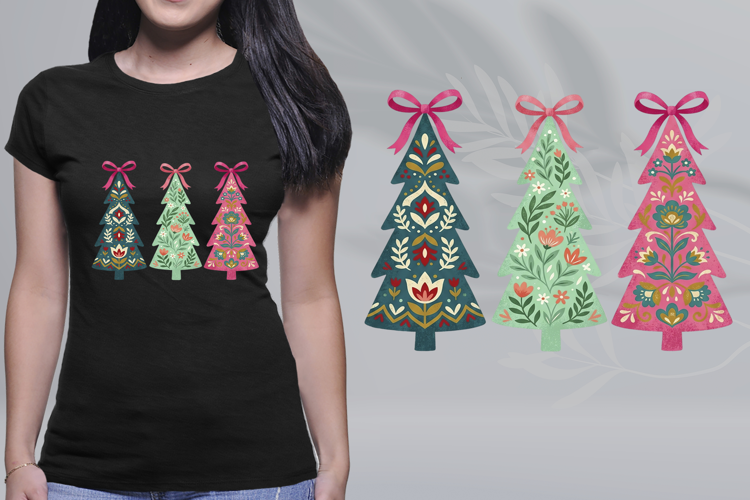 Folk Art Christmas Trees Trio Coquette Pink Bows PNG