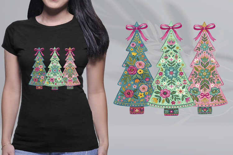 Folk Art Christmas Trees Trio Pastel Floral Pink Bows PNG example image 1