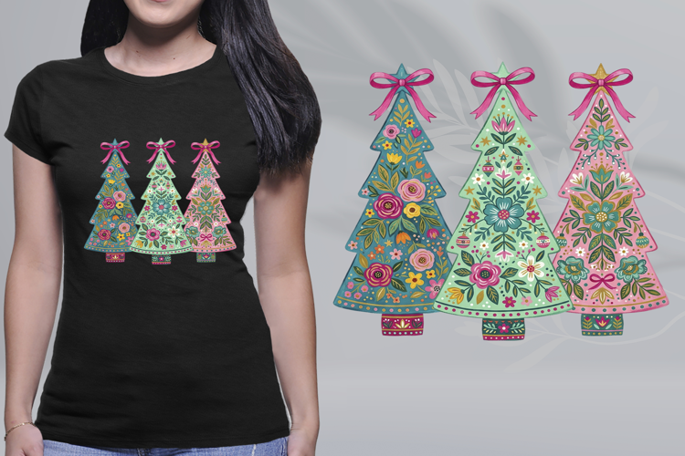 Folk Art Christmas Trees Trio Pastel Floral Pink Bows PNG