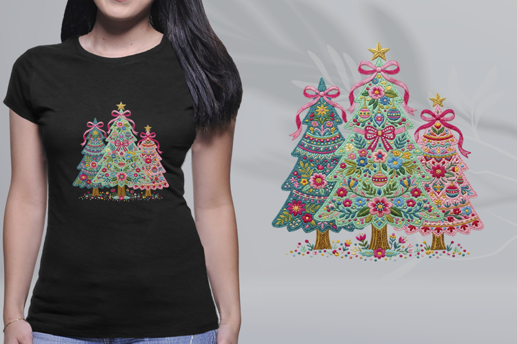 Embroidered Christmas Trees Floral Bow Folk Art PNG