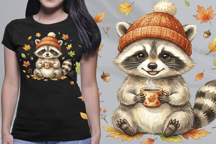 Watercolor Raccoon Cozy Fall Mug Beanie PNG example image 1