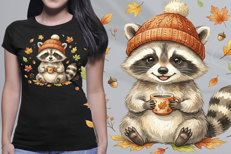 Watercolor Raccoon Cozy Fall Mug Beanie PNG
