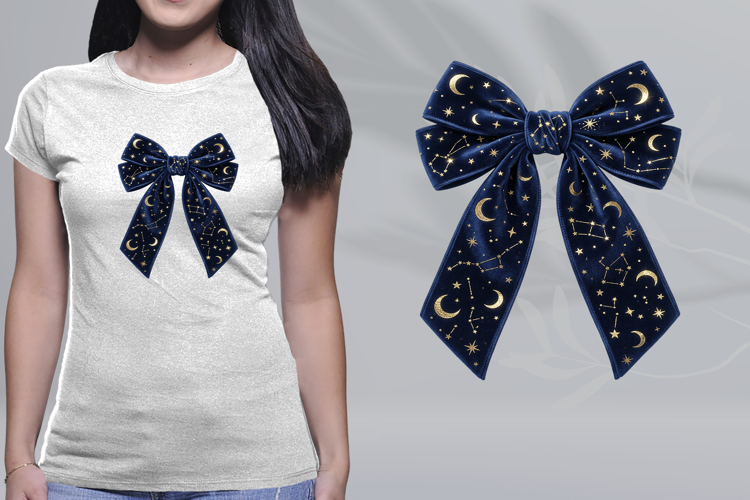 Celestial Moon Stars Bow Gold Navy Velvet PNG