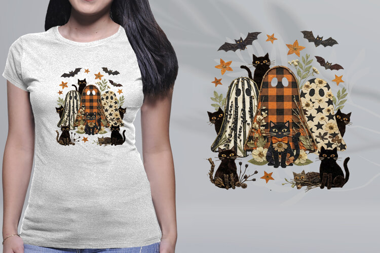 Pressed Flower Halloween Ghosts Black Cats PNG example image 1