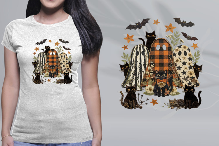 Pressed Flower Halloween Ghosts Black Cats PNG