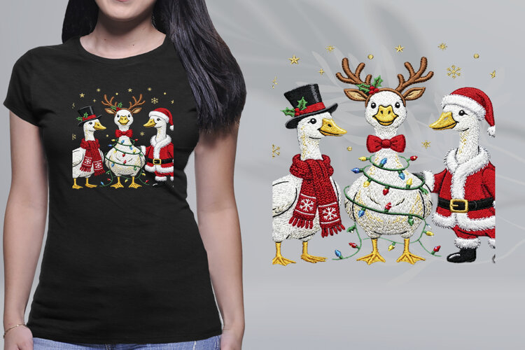 Embroidered Christmas Geese Trio Lights Santa Close-up PNG example image 1