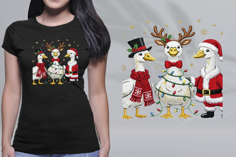 Embroidered Christmas Geese Trio Lights Santa Close-up PNG