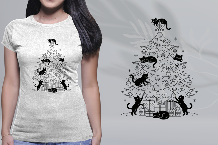 Minimalist Black Cats Christmas Tree Line Art PNG