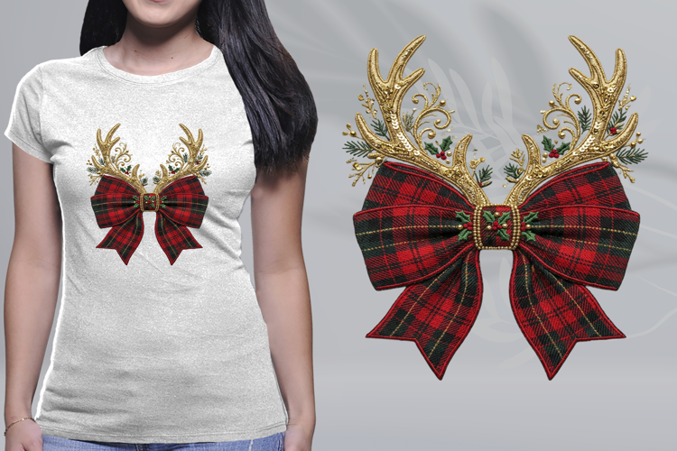 Embroidered Tartan Plaid Bow Reindeer Antlers PNG