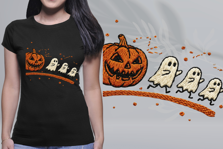 Embroidered Dancing Ghosts Pumpkin Halloween PNG