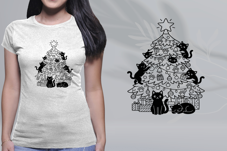 Christmas Tree Black Cats Line Art Coloring PNG