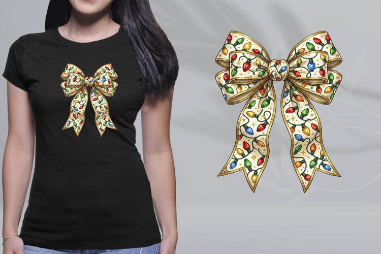 Christmas Lights Ribbon Bow Gold Trim Coquette PNG example image 1