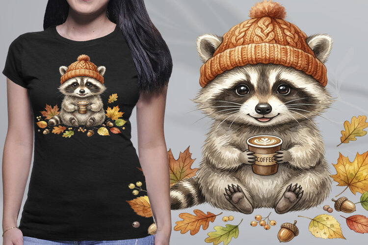 Watercolor Raccoon Autumn Coffee Beanie PNG example image 1