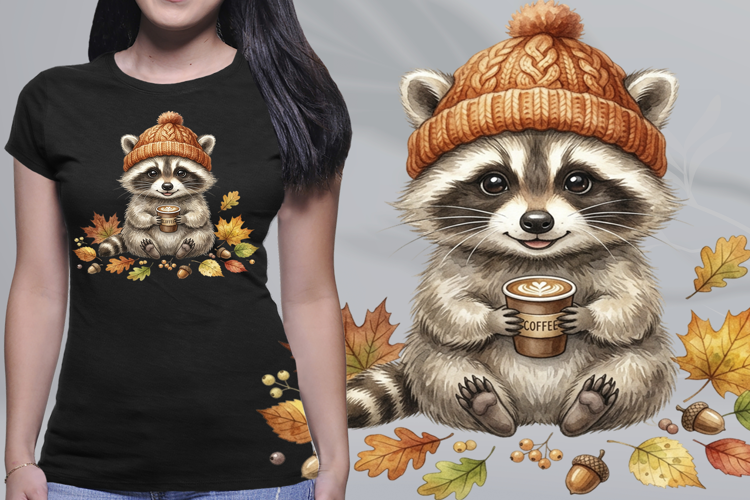 Watercolor Raccoon Autumn Coffee Beanie PNG