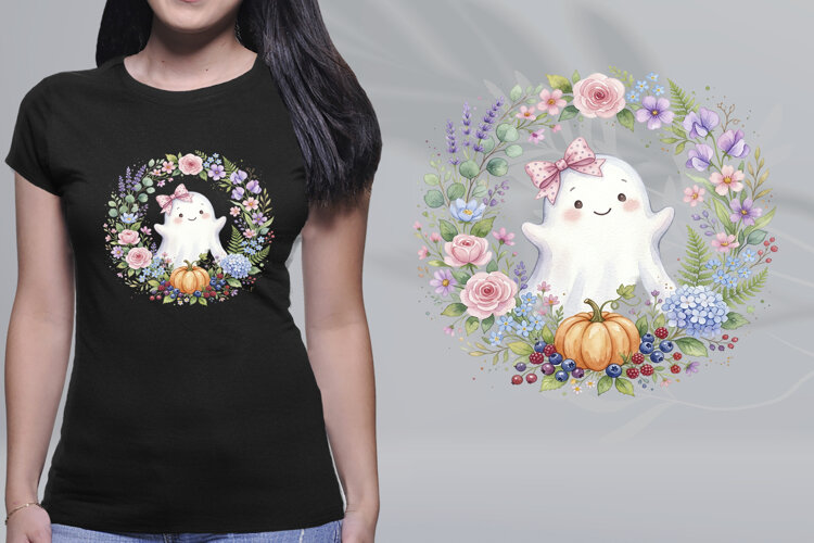Watercolor Pastel Floral Ghost Wreath Bow PNG example image 1