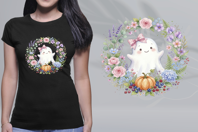 Watercolor Pastel Floral Ghost Wreath Bow PNG