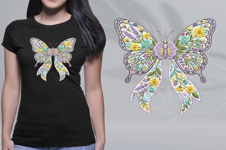Embroidered Pastel Floral Butterfly Bow Coquette PNG