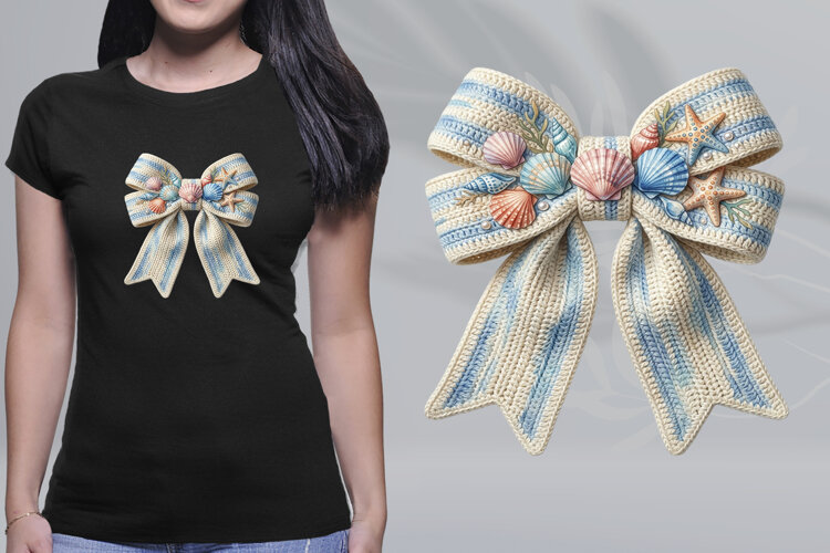 Nautical Coastal Seashell Ribbon Bow PNG example image 1