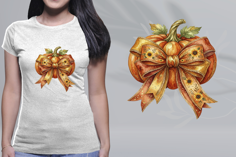 Watercolor Golden Pumpkin Sunflower Bow Autumn Harvest PNG